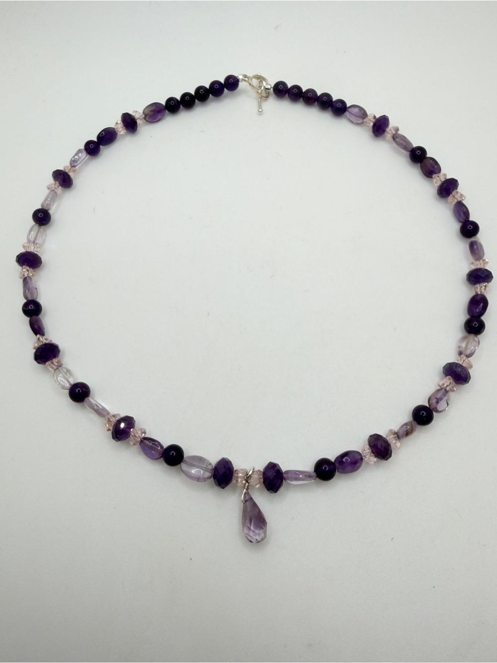 NWOT 18" Artisan pink crystal and AMETHYST dainty necklace w/ 925 hardware!